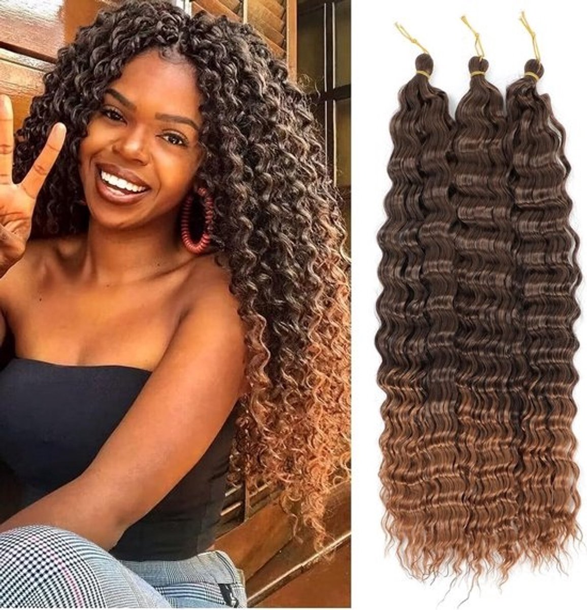 Synthetisch Ocean Wave Kroeshaar Haarextensions voor Vlechten - Diepe Golf Vlechthaar voor Zwarte Vrouwen (T4/30#, 22 inch, 3 verpakkingen)