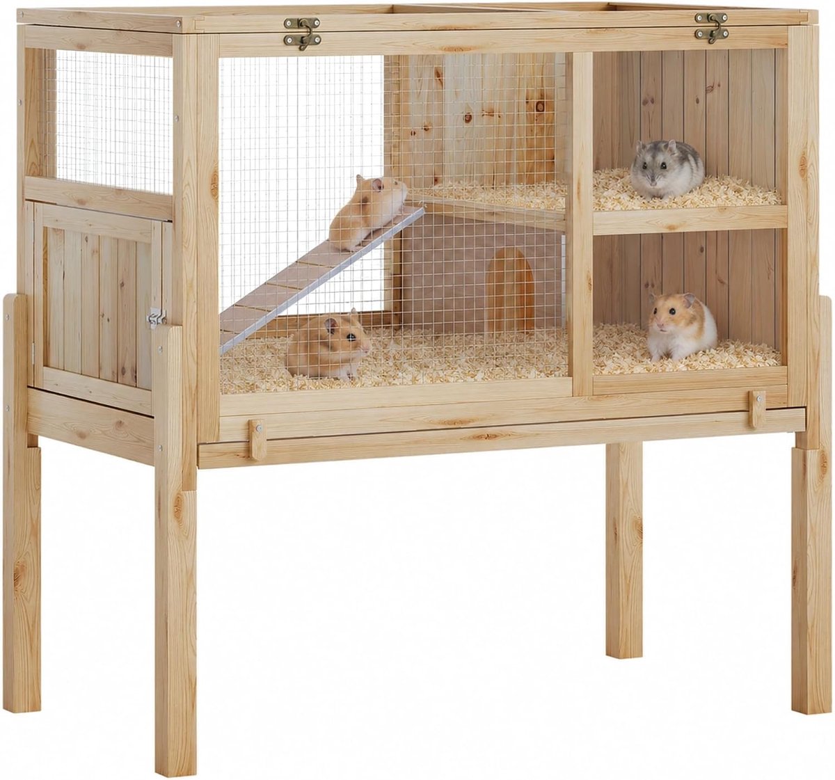Houten Caviaflat met Standaard - Luxe Knaagdierverblijf met 2 Verdiepingen - 97 x 54 x 93 cm - Transparante Panelen & Diepe Uitschuifbare Lade - natuurlijk