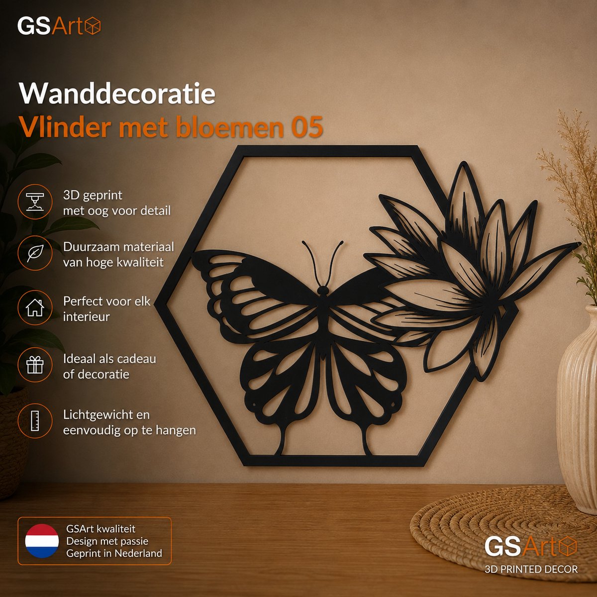 GSArt Wanddecoratie Vlinder met Bloemen 05 25 cm – 3D Geprinte Muurdecoratie