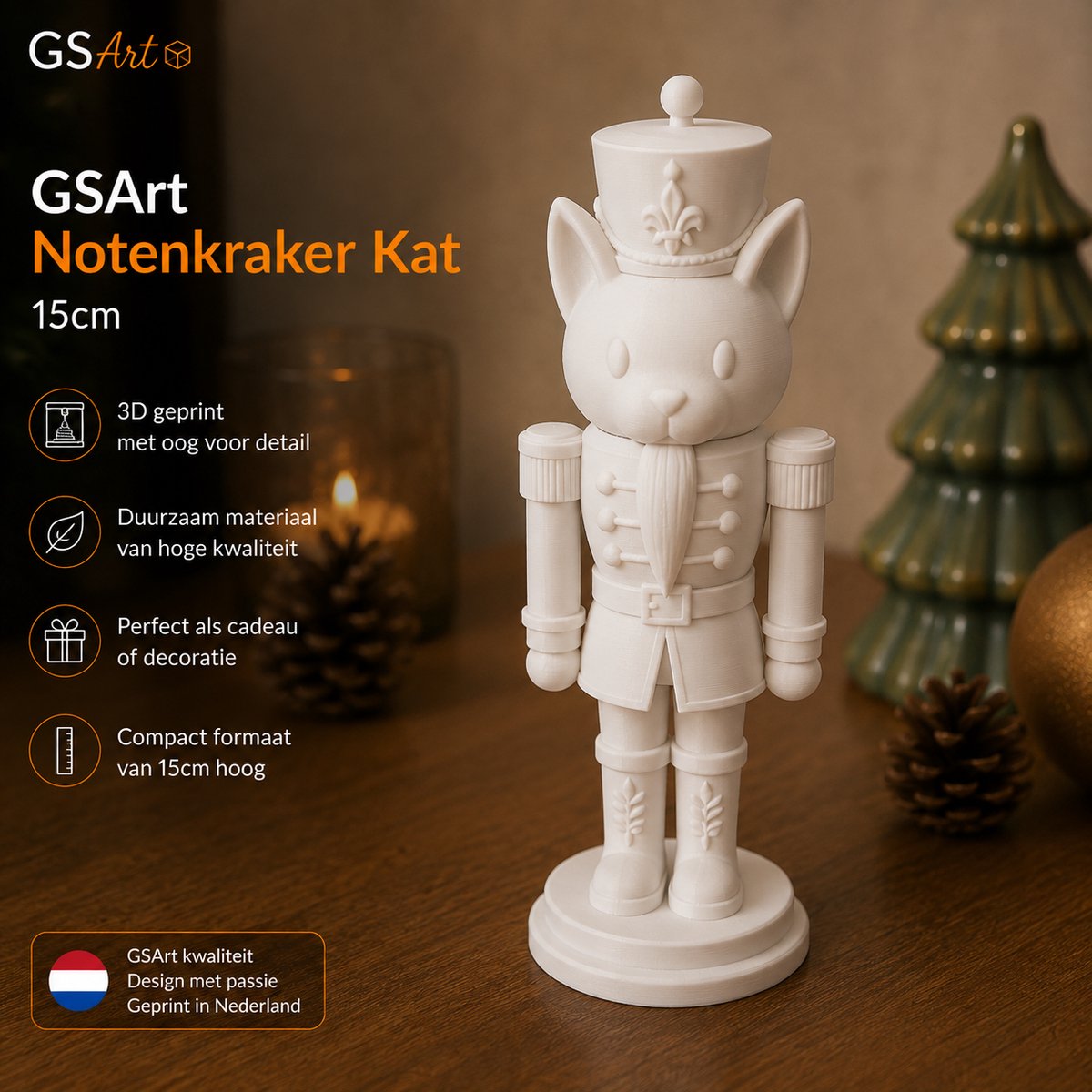 GSArt Notenkraker Kat 15cm – 3D-geprinte kerstdecoratie - Mat Wit