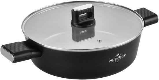 Swiss Haus® SCLC26B Hapjespan Ø26 cm met Deksel – Inductie & Alle Warmtebronnen – PFAS Vrij – 3.6L Braadpan – Antiaanbaklaag – Zwart
