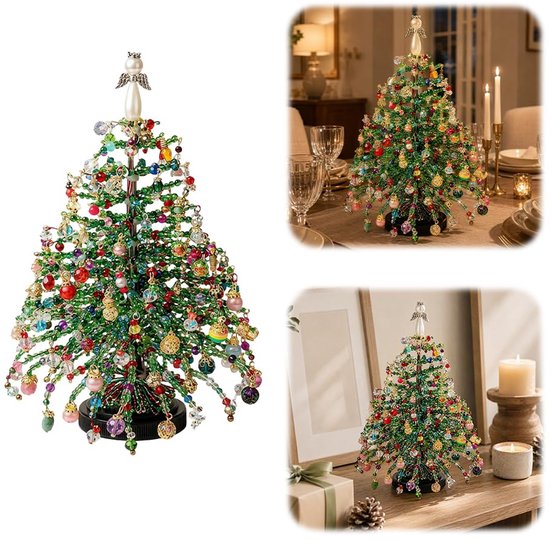 Kerstknutselwerk, kleurrijke kralen, ornament bedeltjes, metalen frame, engeltje als decoratie, warm lichtsnoer, kerstcadeau - Kerstboomset