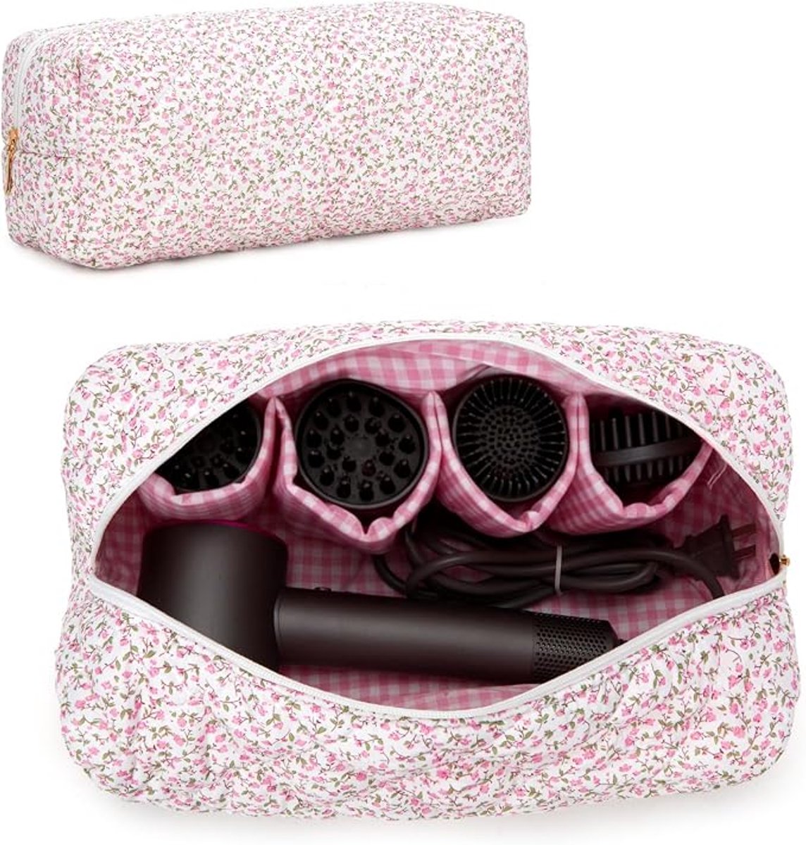 Namajunas - Toilettas voor dames - Reistas voor föhn - Organizer voor Dyson Airwrap en Airstrait föhns - Grote toilettas - Reisorganizer voor föhn en haarstylingaccessoires - 100% katoen - 35 x 15 x 10 cm - Bloemenpatroon met stiksels, met vakje