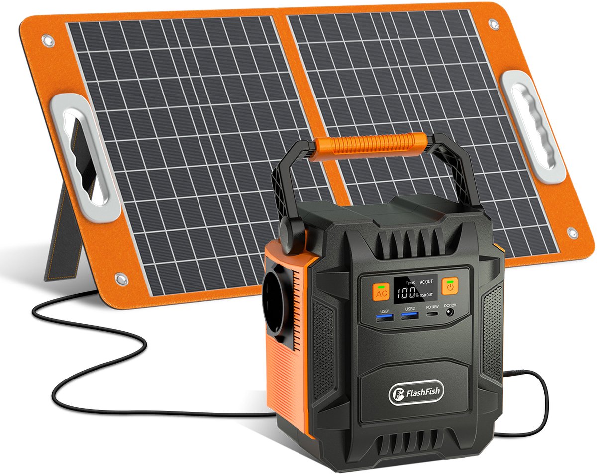 FlashFish A201 Draagbare Energiecentrale - 200W - 172.8WH/48000mAh Accu + TSP 18V60W Opvouwbaar Zonnepaneel