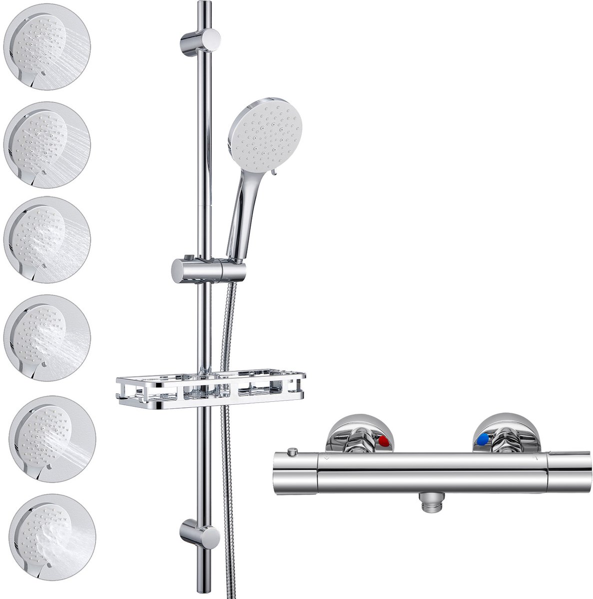 Auralum max 50% Waterbesparende Glijstang Doucheset - Thermostatische Douchekraan - 15 cm Hartafstand - 90 cm Glijstangset met Plankje - Verstelbaar Glijstang - 6 Standen Handdouche - Hoge Druk - Waterbesparend - Chroom&Wit