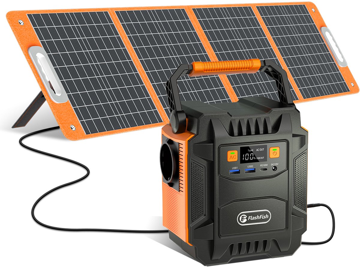 FlashFish A201 Draagbare Energiecentrale - 200W - 172.8WH/48000mAh Accu + TSP 18V 100W Opvouwbaar Zonnepaneel