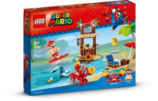 LEGO Super Mario "Mario's Beach Adventures" set met Mario, een surfplank, een jetski en een krab op een strand met kraampje.