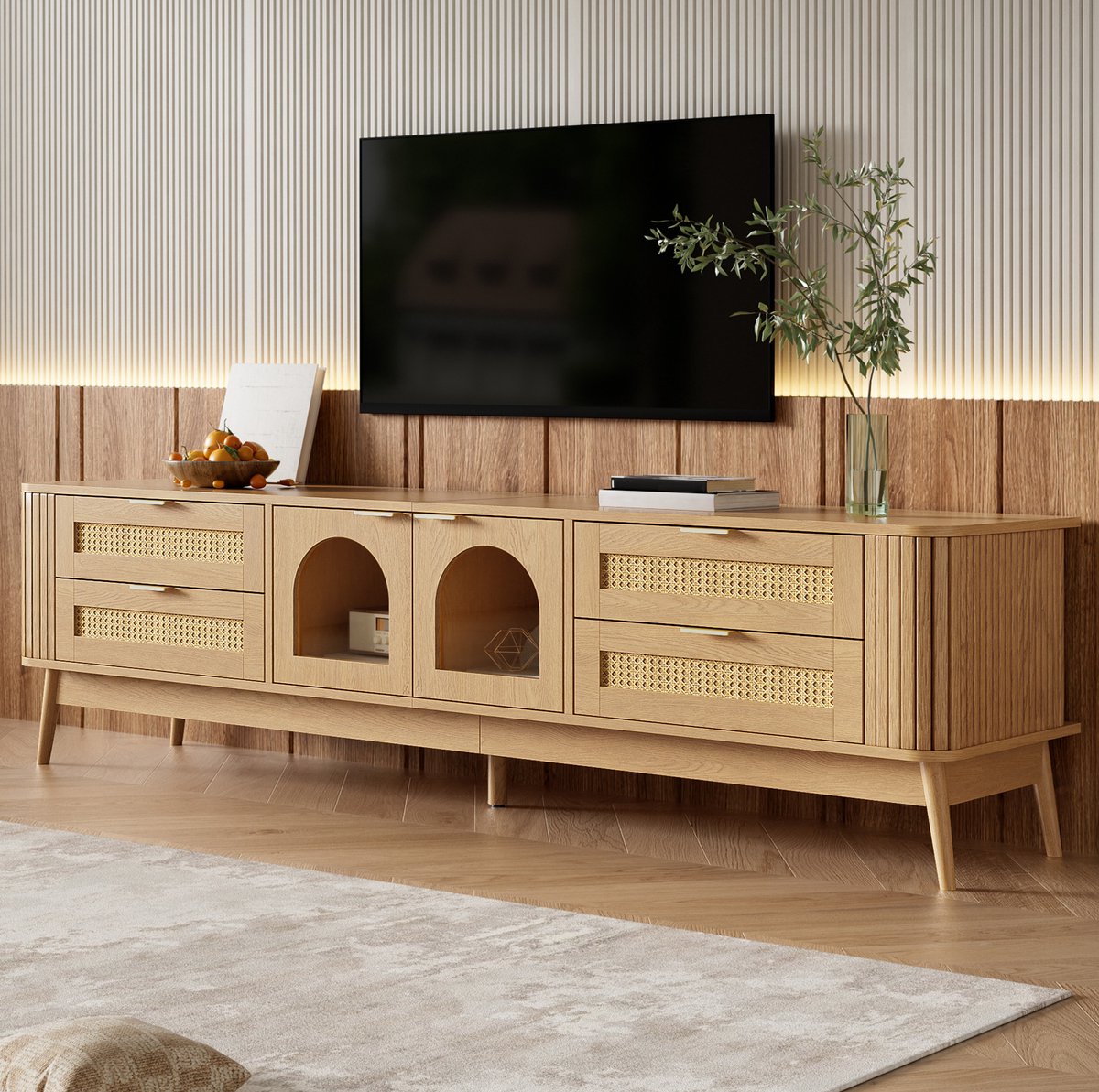 MODFU - TV Meubel - 4 Lades - Veiligheidsglas - Led Verlichting - Naturel - Hout