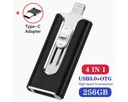 4-in-1 256 GB Snelle USB Flash Drive - Type-C USB Geheugenstick voor Telefoon, Tablet en Computer - Draagbare Opslag voor Foto's, Video's en Bestanden - Snelle Gegevensoverdracht - Zwart