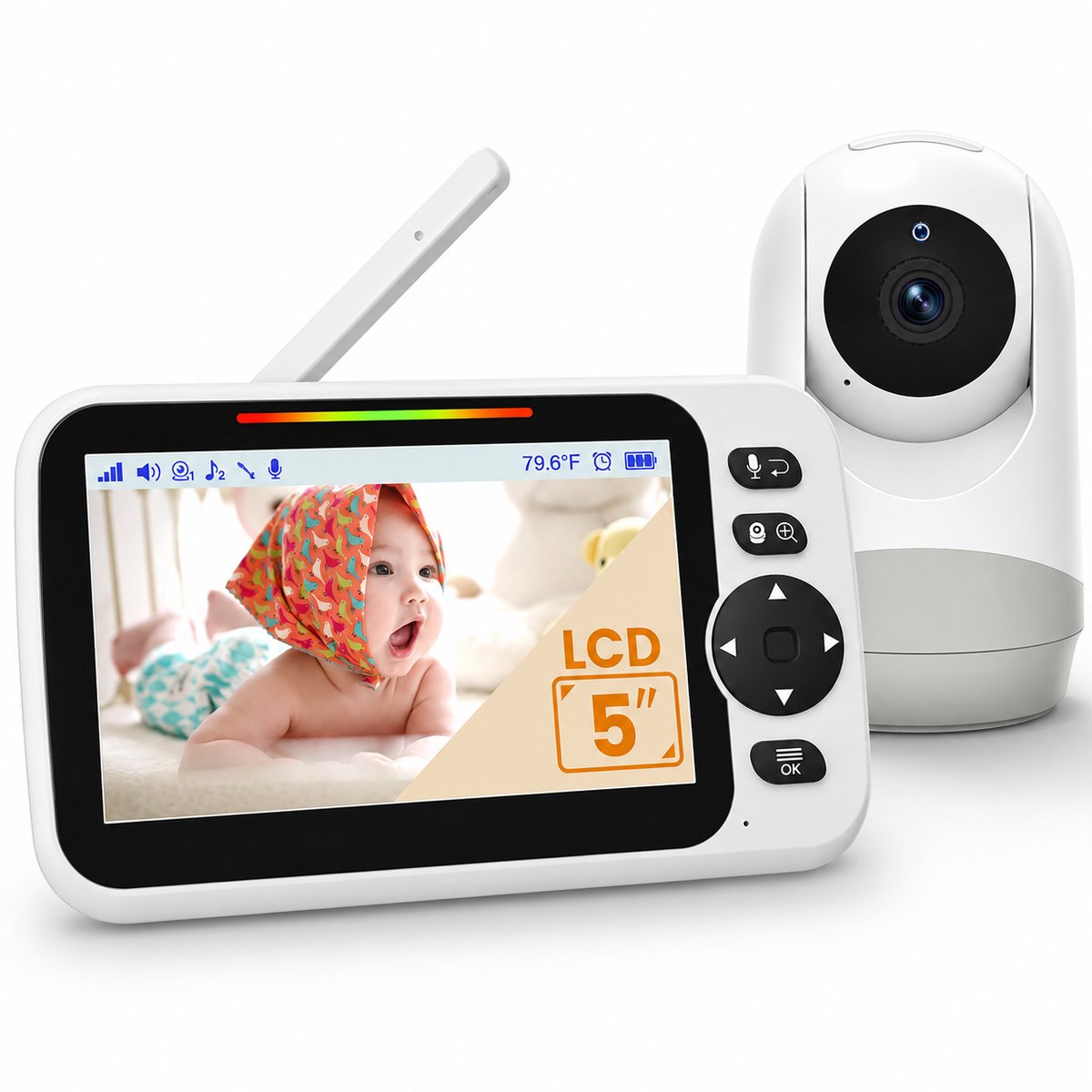 Babyfoon met Camera 5 Inch – 30 Uur Batterij – Nachtzicht – 2-Weg Audio – 355° Draaibaar