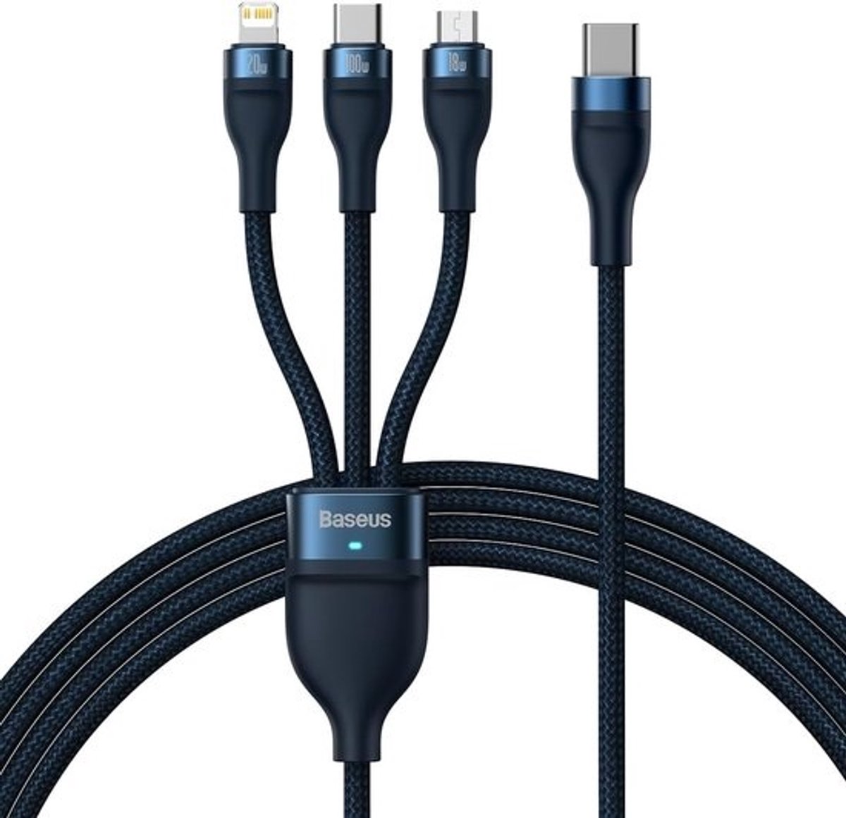 3-in-1 USB-C Micro USB Lightning Kabel 100W 1.5m Blauw