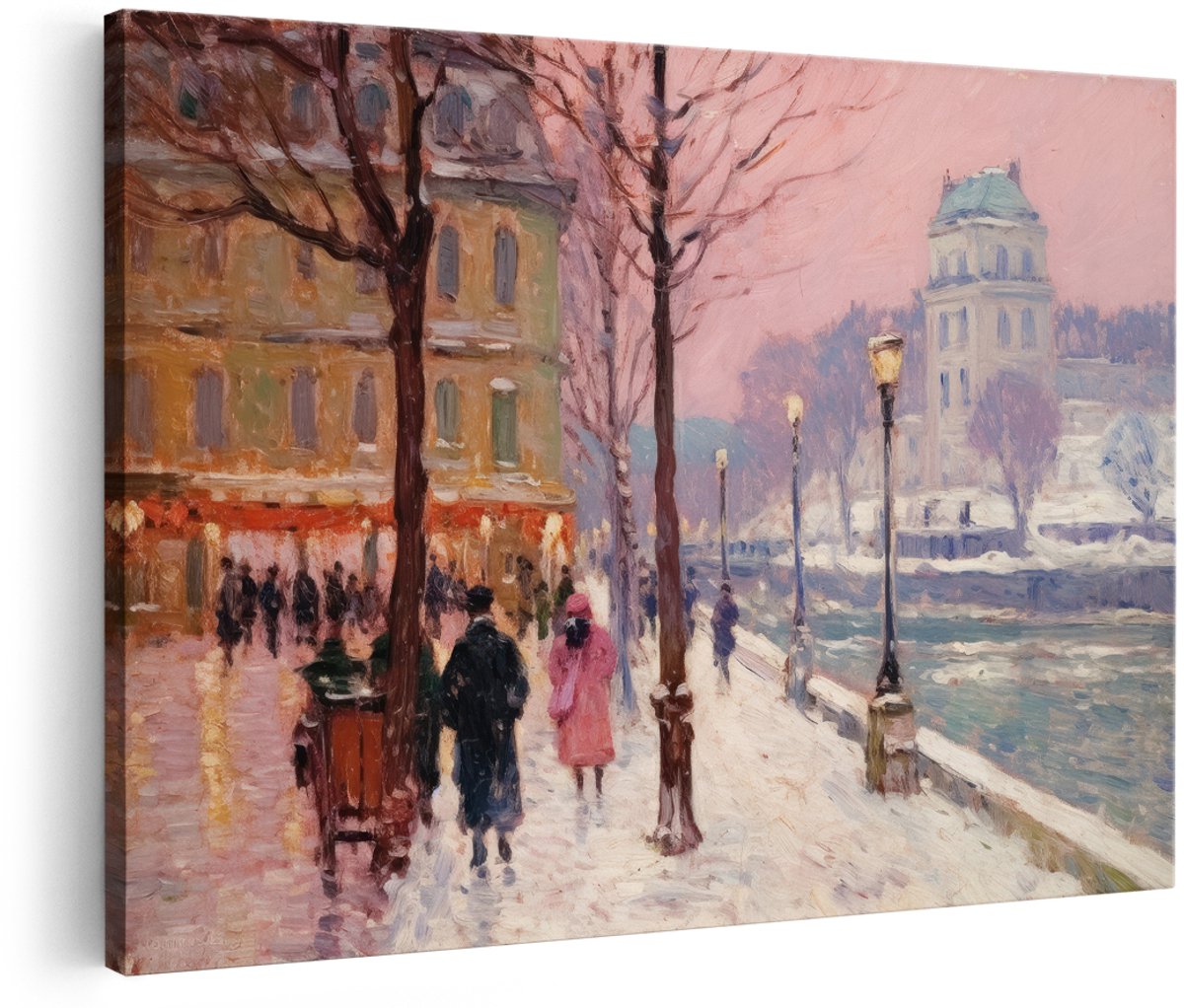 Artaza Canvas Schilderij Parijs - 180x120 cm - Groot - Wanddecoratie Winterlandschap - Muurdecoratie Klassiek Schilderij - Decoratie Woonkamer