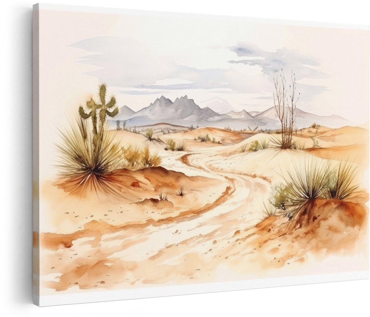Artaza Canvas Schilderij Woestijn Landschap - 180x120 cm - Groot - Wanddecoratie Aquarel - Muurdecoratie Cactus - Decoratie Bergen Boho