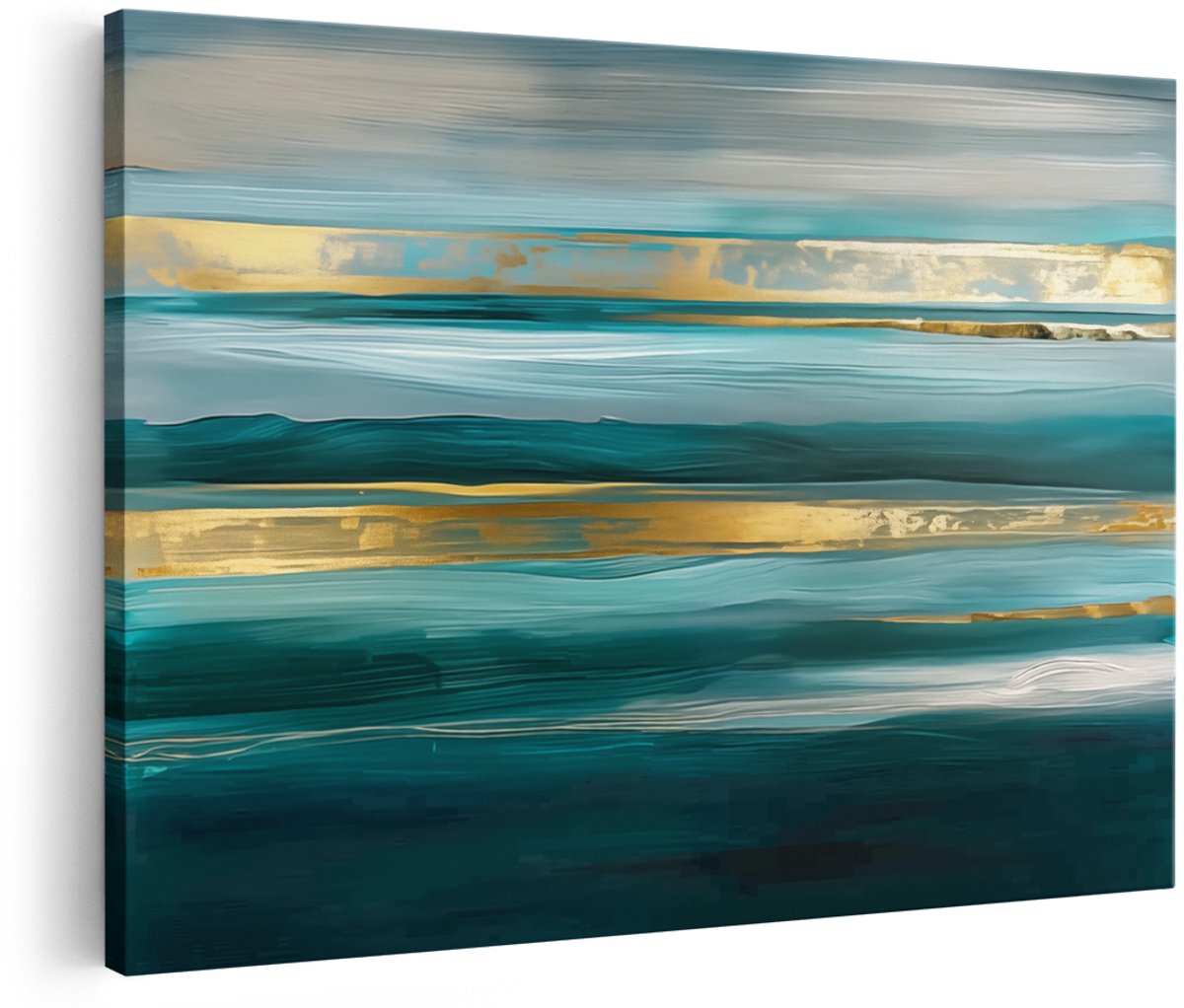 Artaza Canvas Schilderij Abstract Kunstwerk met Gouden en Blauwgroen Strepen - 180x120 cm - Groot - Wanddecoratie Woonkamer - Schilderijen - Muurdecoratie