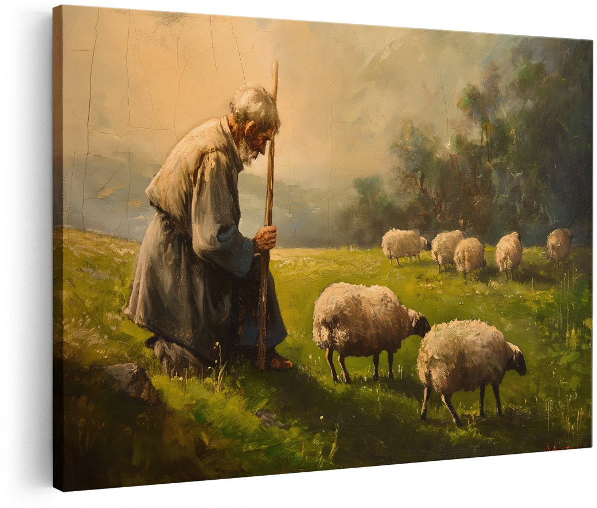 Artaza Canvas Schilderij Herder Met Schapen - 180x120 cm - Groot - Wanddecoratie Landschap - Muurdecoratie Natuur - Klassieke Schilderijen Woonkamer