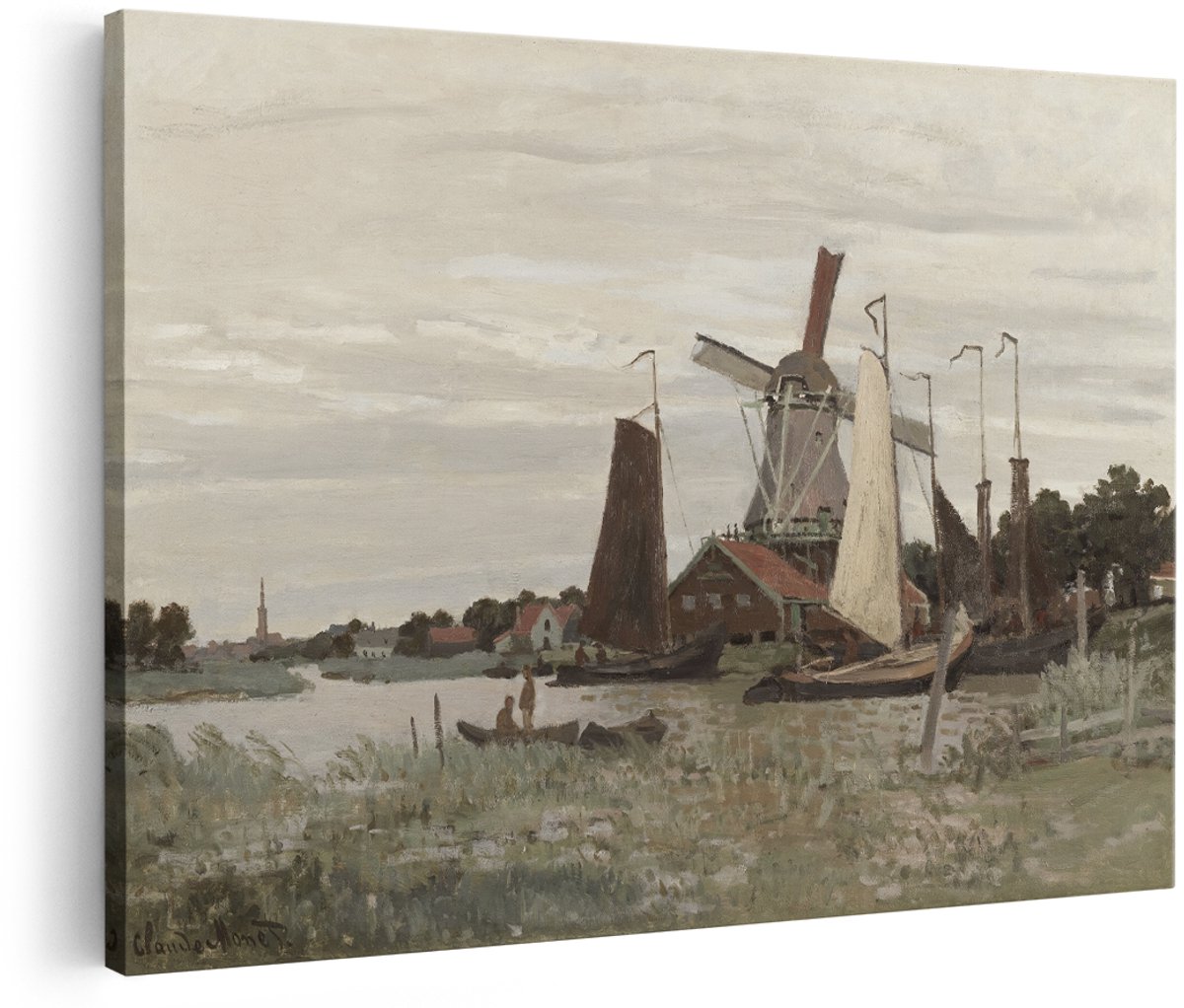 Artaza Canvas Schilderij Landschap Monet - 180x120 cm - Groot - Wanddecoratie Molen - Muurdecoratie Klassiek Schilderij - Decoratie Woonkamer Natuur