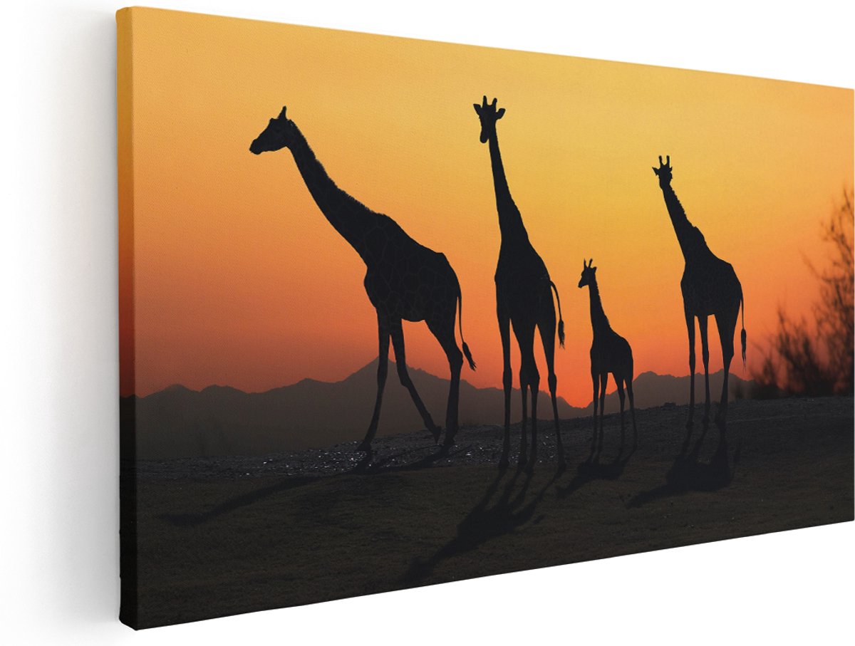 Artaza Canvas Schilderij Vier Giraffe Silhouetten Bij Zonsondergang - 180x90 cm - Groot - Wanddecoratie Woonkamer - Schilderijen - Muurdecoratie