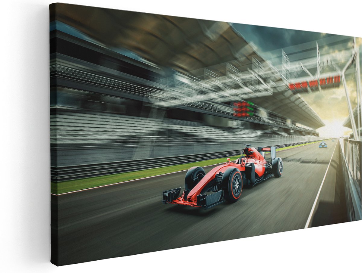 Artaza Canvas Schilderij Formule 1 Auto bij de Finish in het Rood - 180x90 cm - Groot - Wanddecoratie Woonkamer - Schilderijen - Muurdecoratie
