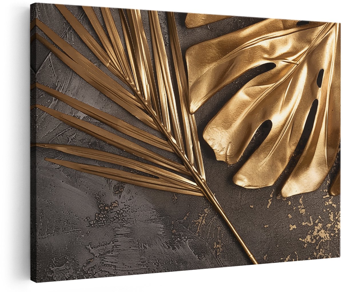Artaza Canvas Schilderij Gouden Bladeren op een Zwarte Achtergrond - 180x120 cm - Groot - Wanddecoratie Woonkamer - Schilderijen - Muurdecoratie