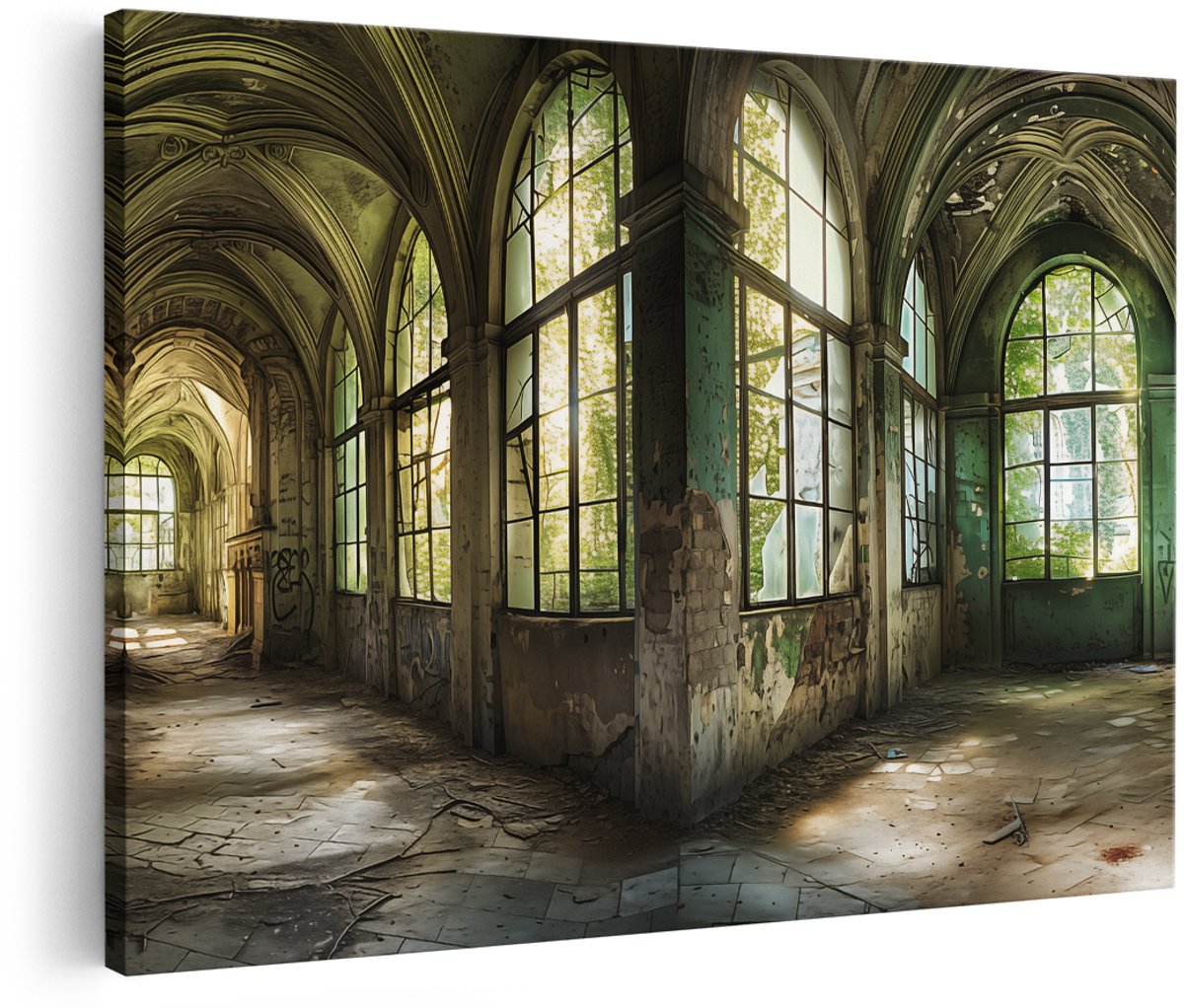 Artaza Canvas Schilderij Verlaten Kamer met Ramen - 180x120 cm - Groot - Wanddecoratie Woonkamer - Schilderijen - Muurdecoratie