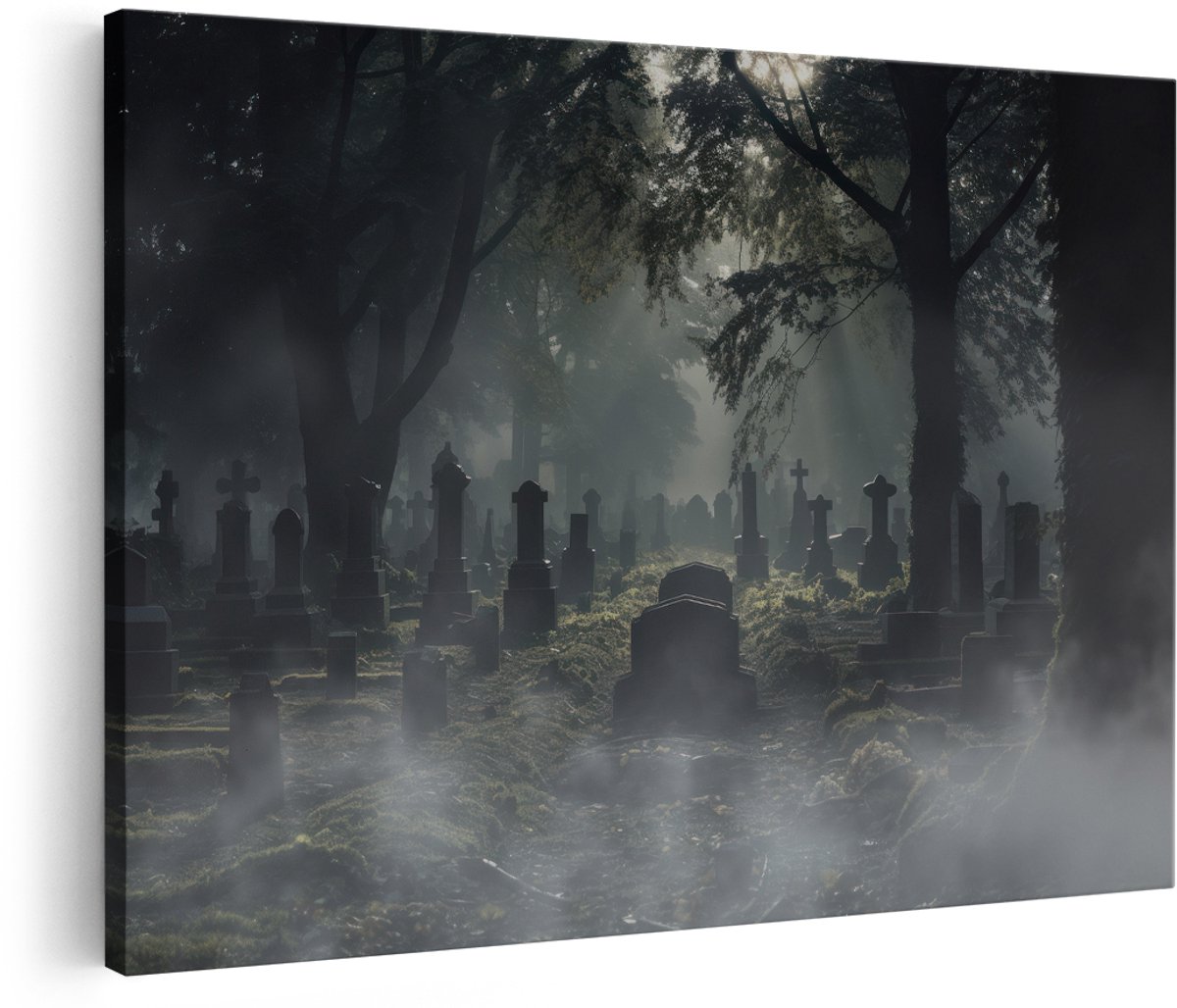 Artaza Canvas Schilderij Begraafplaats - 180x120 cm - Groot - Wanddecoratie Mistig Landschap - Muurdecoratie Donkere Bomen - Decoratie Grafstenen