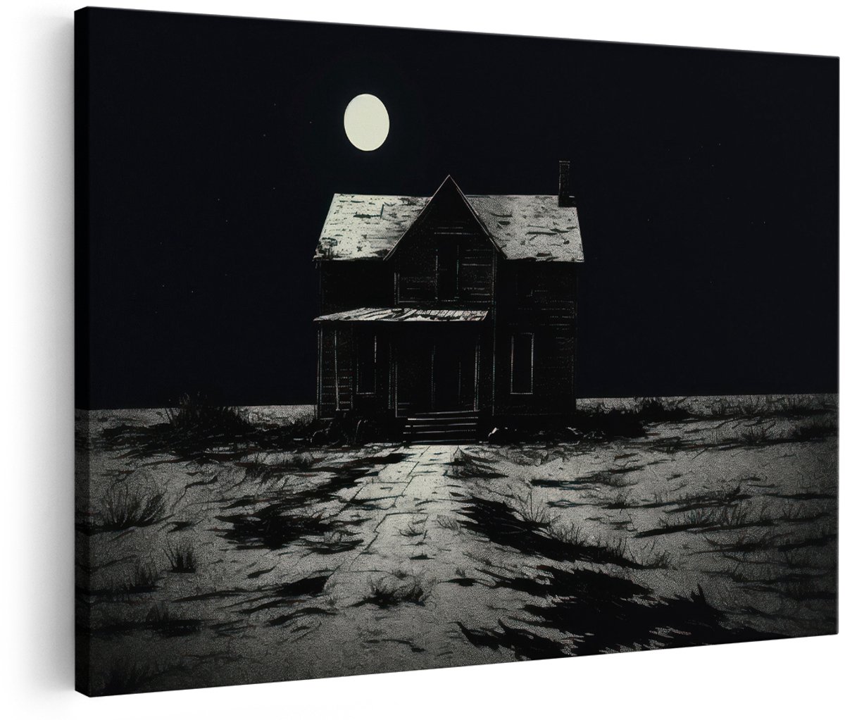 Artaza Canvas Schilderij Verlaten Huis - 180x120 cm - Groot - Wanddecoratie Volle Maan - Muurdecoratie Zwart Wit Landschap - Decoratie Nacht