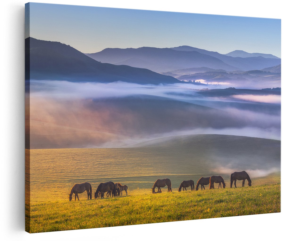 Artaza Canvas Schilderij Kudde Wilde Paarden In De Wei Bij Heuvels - 180x120 cm - Groot - Foto Op Canvas - Wanddecoratie Woonkamer