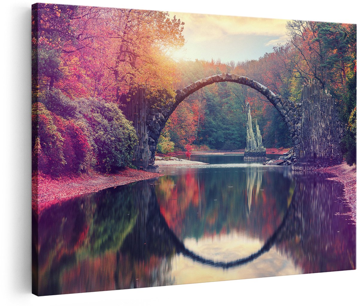 Artaza Canvas Schilderij Rakotz Brug In Duitsland In De Herfst - 180x120 cm - Groot - Foto Op Canvas - Wanddecoratie Woonkamer