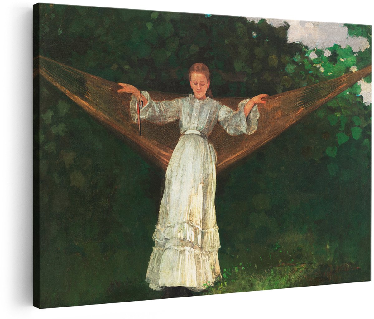 Artaza Canvas Schilderij Vrouw In Hangmat - 180x120 cm - Groot - Wanddecoratie Natuur - Muurdecoratie Romantisch - Schilderijen Witte Jurk