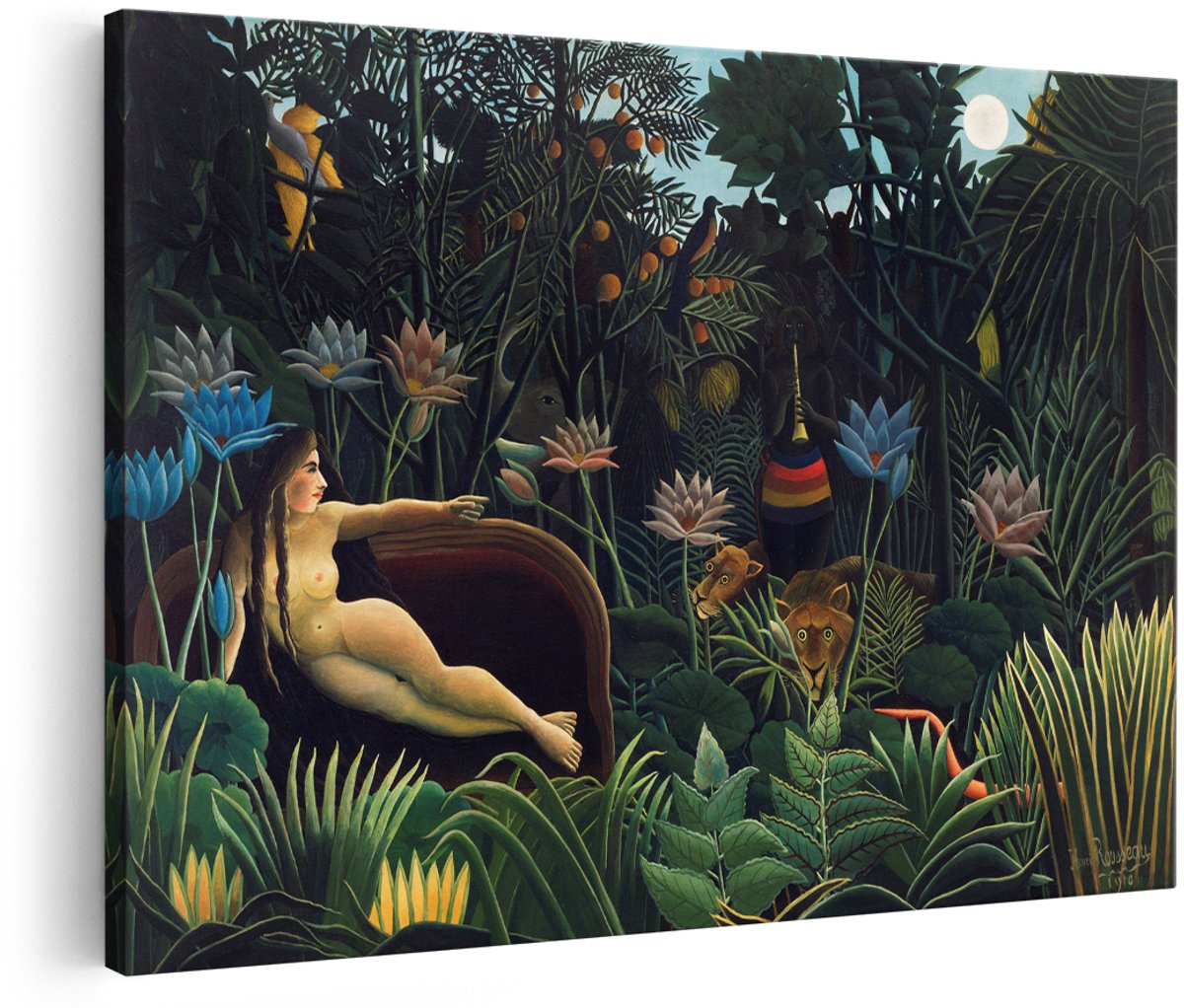 Artaza Canvas Schilderij Henri Rousseau De Droom - 180x120 cm - Groot - Wanddecoratie Jungle - Muurdecoratie Leeuw - Decoratie Exotische Bloemen