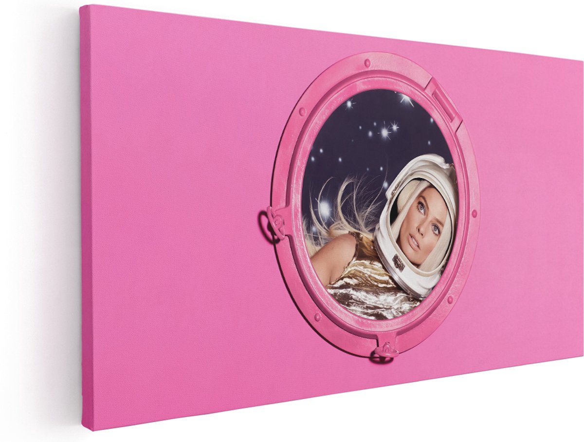 Artaza Canvas Schilderij Astronaut Vrouw - 180x90 cm - Groot - Muurdecoratie Modern Roze - Wanddecoratie Pop Art - Schilderijen Op Canvas Sterren