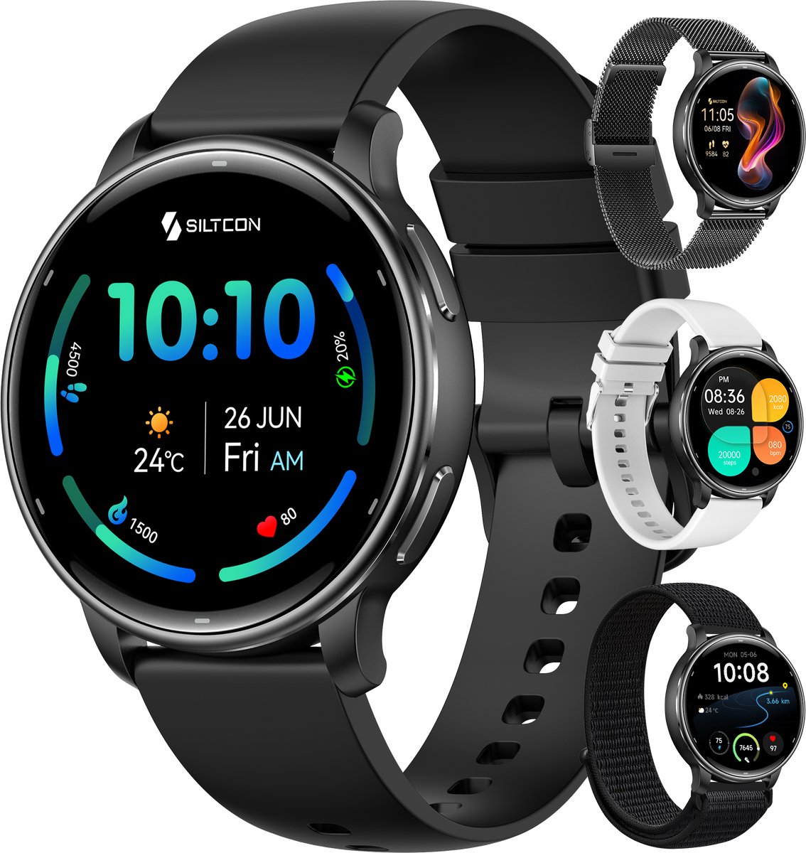 Siltcon® FitTrack Pro GPS - Smartwatch Heren - Smartwatch Dames - Sporthorloge Dames - Horloge Heren - Stappenteller - Hartslagmeter - Saturatiemeter - Belfunctie - 200+ Sportmodi - Kompas - AMOLED - Geschikt voor iOS/Android - Strava - 4 Bandjes
