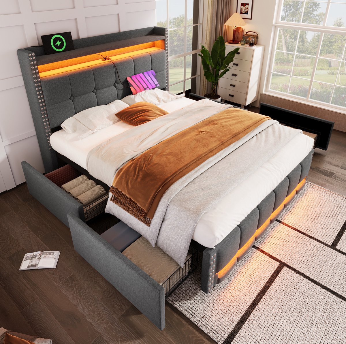 REDOM - Bed - Polsterbed met LED-verlichting en USB-aansluiting - Hoofdbord met opbergruimte en 4 lades - Modern - Slaapkamer - Stof - Grijs - 160 x 200 cm