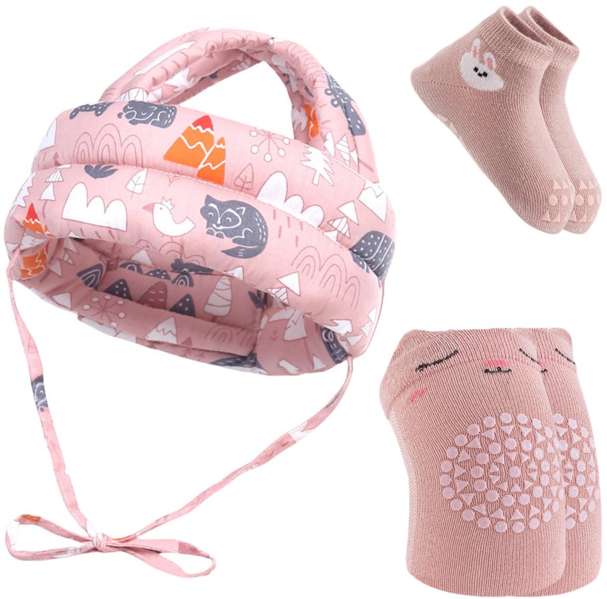 Namajunas 3-delige Beschermset - Baby Hoofdbeschermer / Babyhelm met Kniebeschermers & Antislip Sokken - Verstelbaar en Ademend - 6-24 Maanden