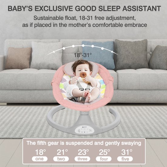 Elektrische Baby Wipstoel – Bluetooth, Afstandsbediening, 5 Trillingsstanden, Muziek, 5-Punts Veiligheidsgordel & Klamboe – Roze — afbeelding 3