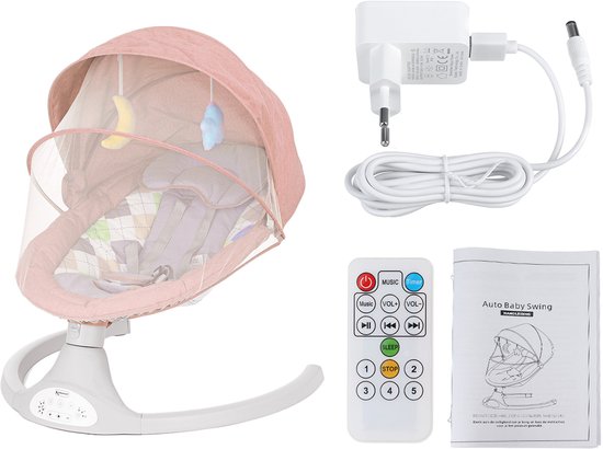 Elektrische Baby Wipstoel – Bluetooth, Afstandsbediening, 5 Trillingsstanden, Muziek, 5-Punts Veiligheidsgordel & Klamboe – Roze — afbeelding 5