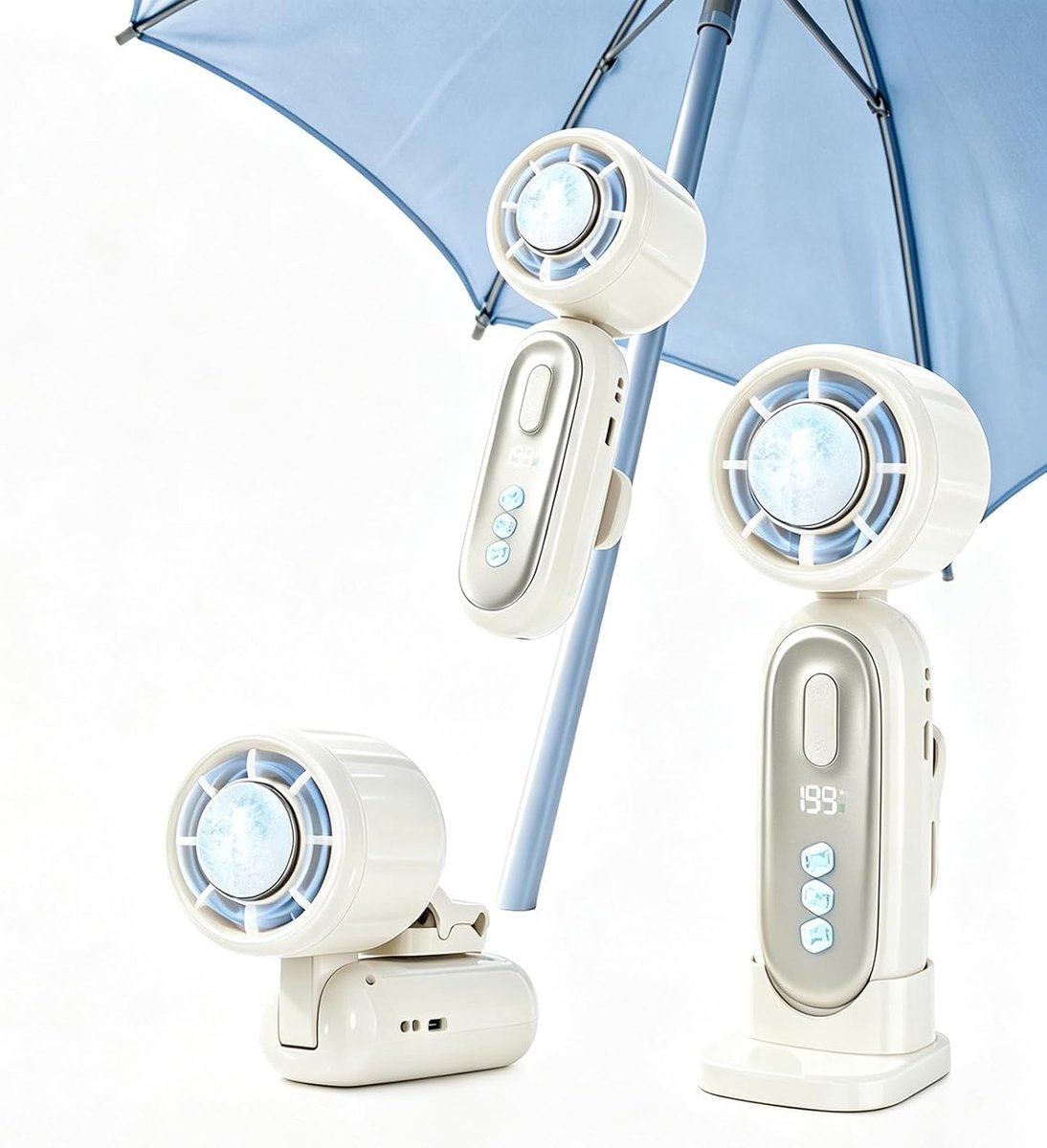 Handventilator met ijskoeling - met clip - Draagbare Ventilator - 3000mAh - Koelt écht - Mini Fan Oplaadbaar - Oplaadbaar - LED-display - 199 windsnelheden - Mini Ventilator - Draagbare opvouwbare nekventilator - Wit - Draagbare Mini Ventilator