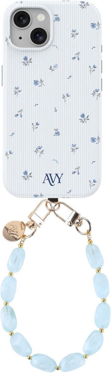 AVY Hoesje Met Telefoonkoord | Geschikt voor Apple iPhone 15 | Compatibel met MagSafe & Qi2 | Hard Shell Back Cover | Stijlvol Bijpassend Koord Polsbandje (32CM) | Sky Blossom