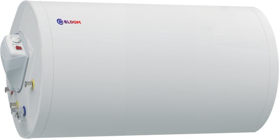 Witte horizontale boiler van Eldom met aansluitingen aan de zijkant.