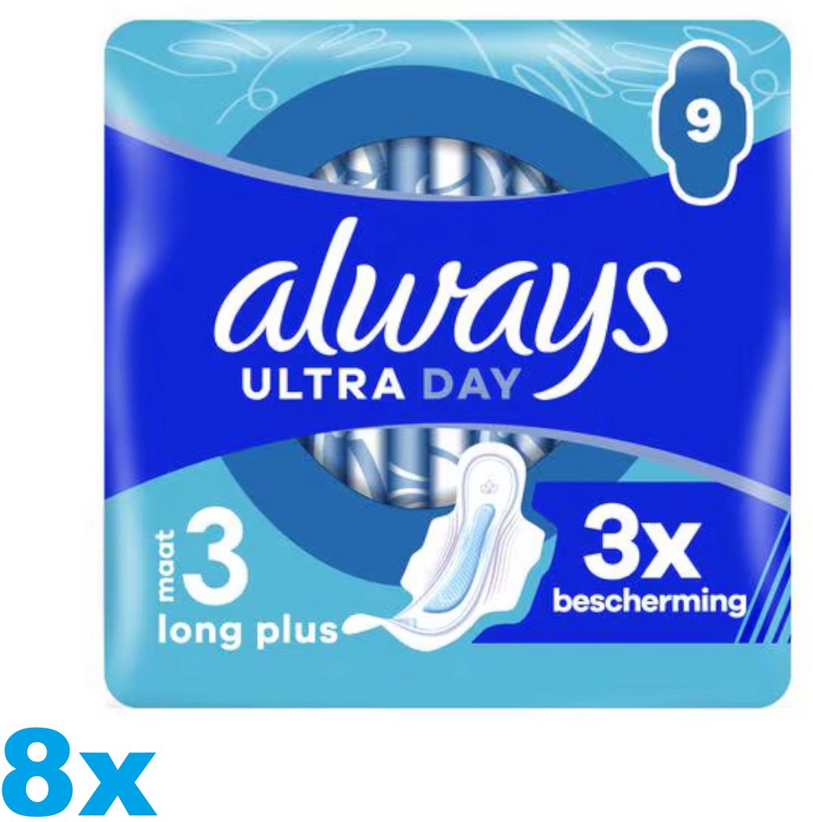 Always Ultra Day Long Plus Maandverband Maat 3 – 8 x 9 Stuks – 72 Maandverbanden – Met Vleugels