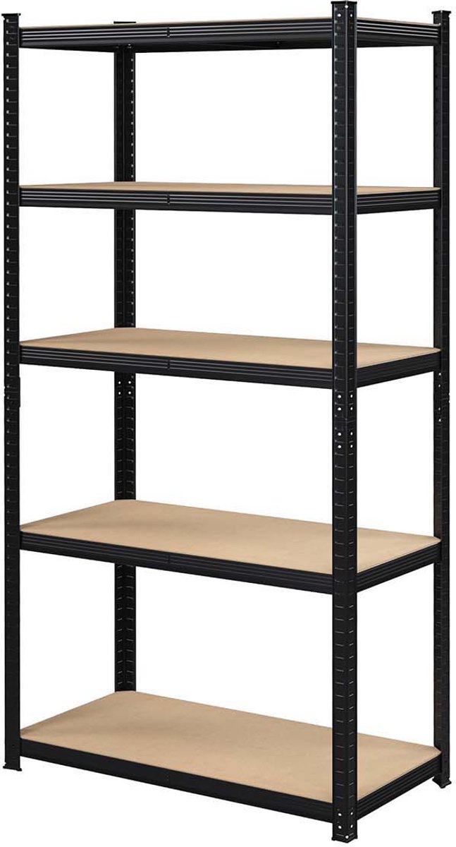 5-laags opbergrek 40 x 90 x 180 cm zwart Stevige metalen frameconstructie Max. draagvermogen per plank 175 kg Met verstelbare legplanken Kan worden opgesplitst in 2 afzonderlijke units Montage zonder gereedschap Geschikt voor garage en berging