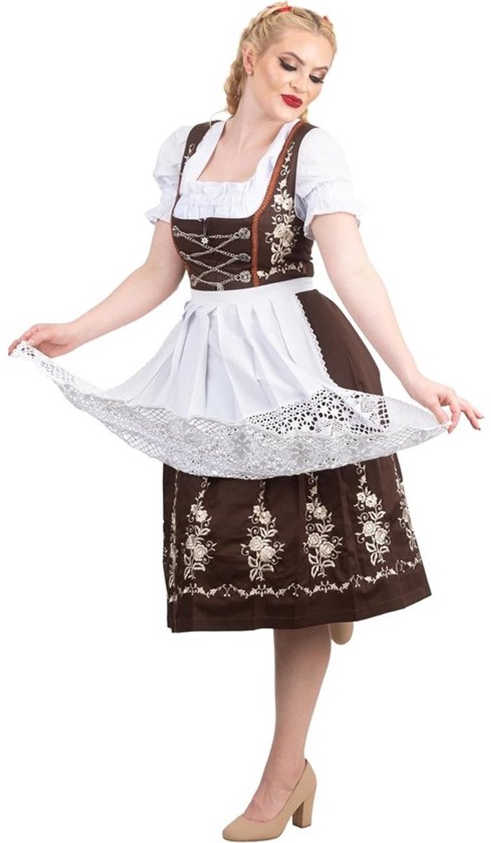 Traditionele Jurk - Feestkleding Set - Oktoberfest Viering - Geborduurd Design - Midi Lengte - Bruin