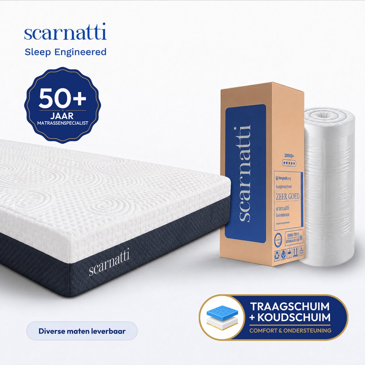 SCARNATTI Unique Matras 160x200 - Traagschuim & Koudschuim - 7 Zones - Drukverlagend - Tweepersoons Wit