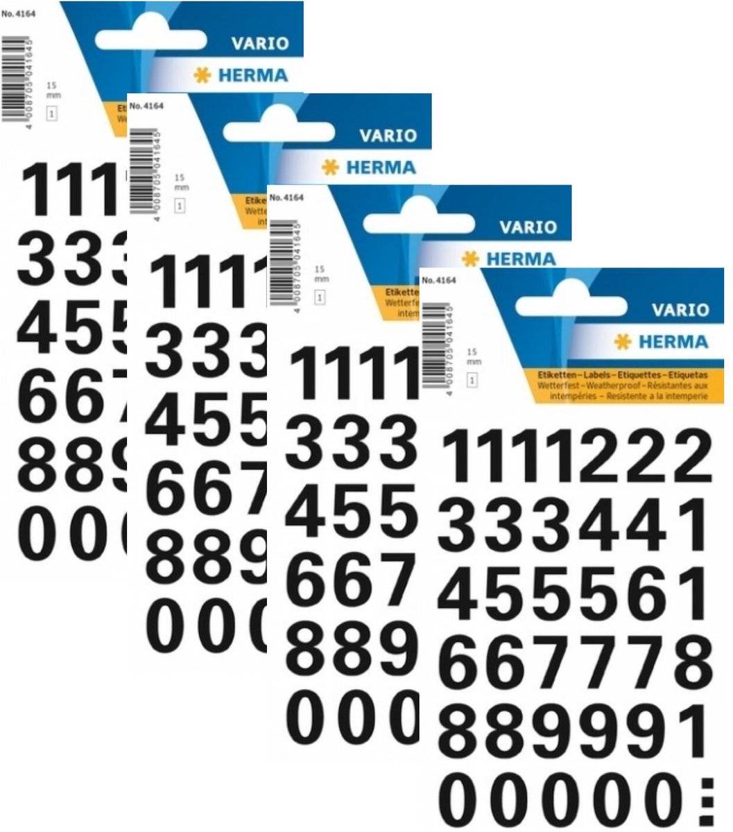 Herma Stickervel - cijfers / getallen - 0 t/m 9 - 4x vellen - zwart - 15 mm - watervast