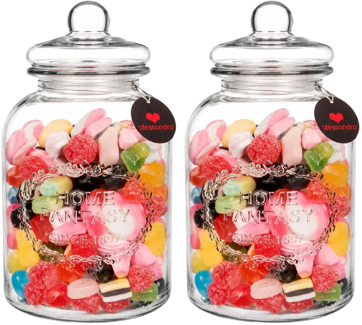 Alessandro luxe voorraadpot - 2x - snoeppot - glas - met deksel - 5 liter - koektrommel - snoepjes - 17 x 33 cm