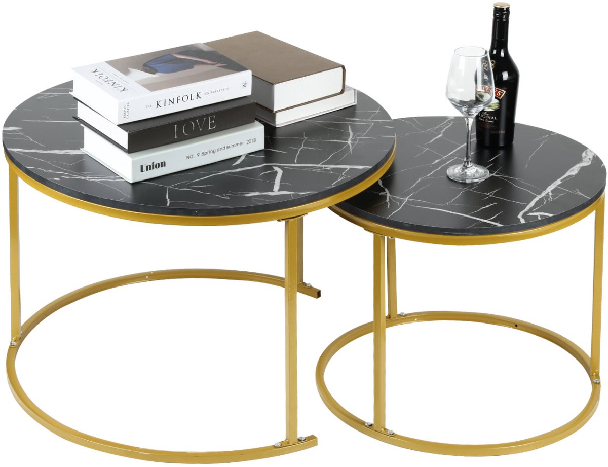 PIPIPOXER-Salontafel Rond Zwart Hout Set Van 2 – Table Basse - Salontafel - Salontafel rond - Salon Tafel - Table basse de salon - Kleine Tafel - Salontafels - Diameter 60 en 40cm