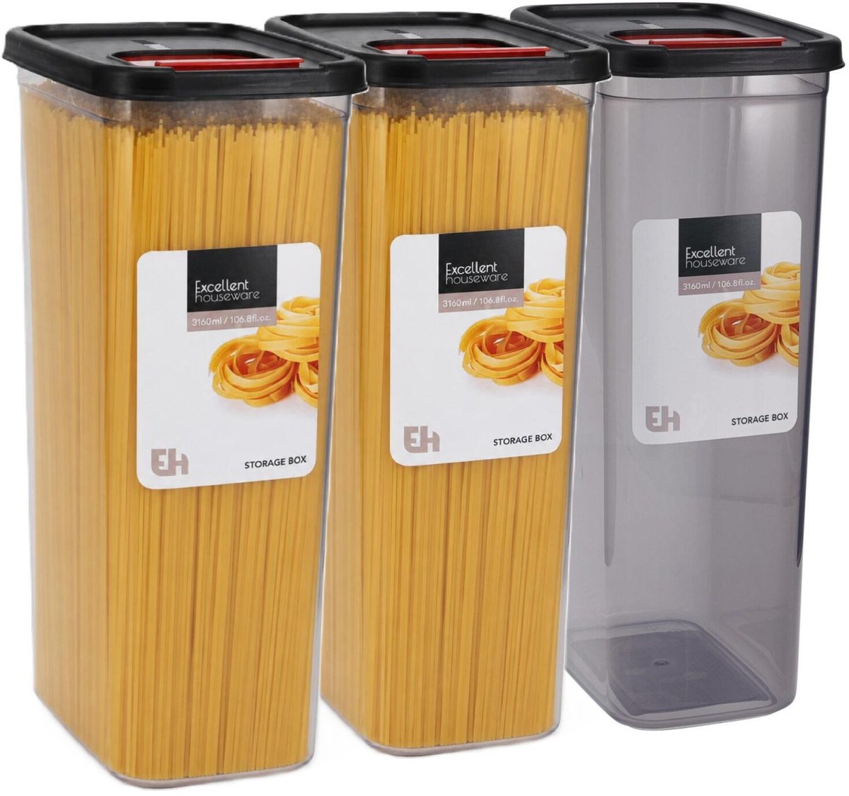 Excellent Houseware Voedselcontainer hoge strooibus - 3x - transparant/zwart - 3100 ml - kunststof - 16 x 11 x 28 cm