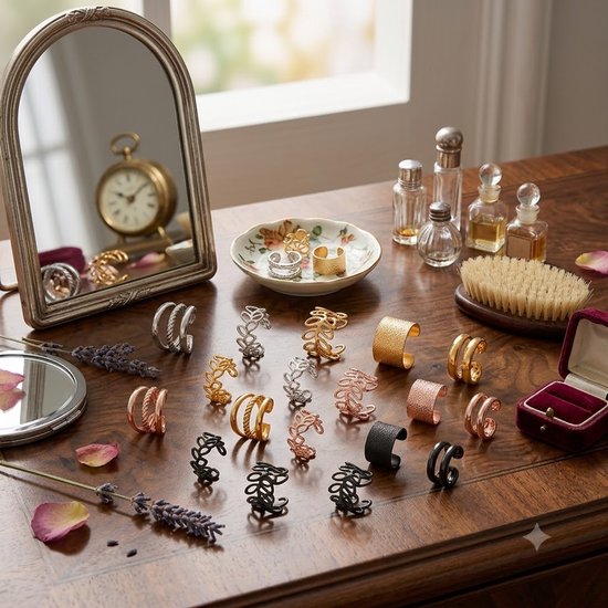 Een collectie oorclips in zilver, goud, roségoud en zwart, met diverse ontwerpen zoals gedraaide, gebladerde en gladde manchetten.