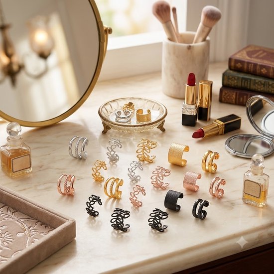 Een collectie oorclips in zilver, goud, roségoud en zwart, met diverse ontwerpen zoals gedraaide, gebladerde en gladde manchetten.