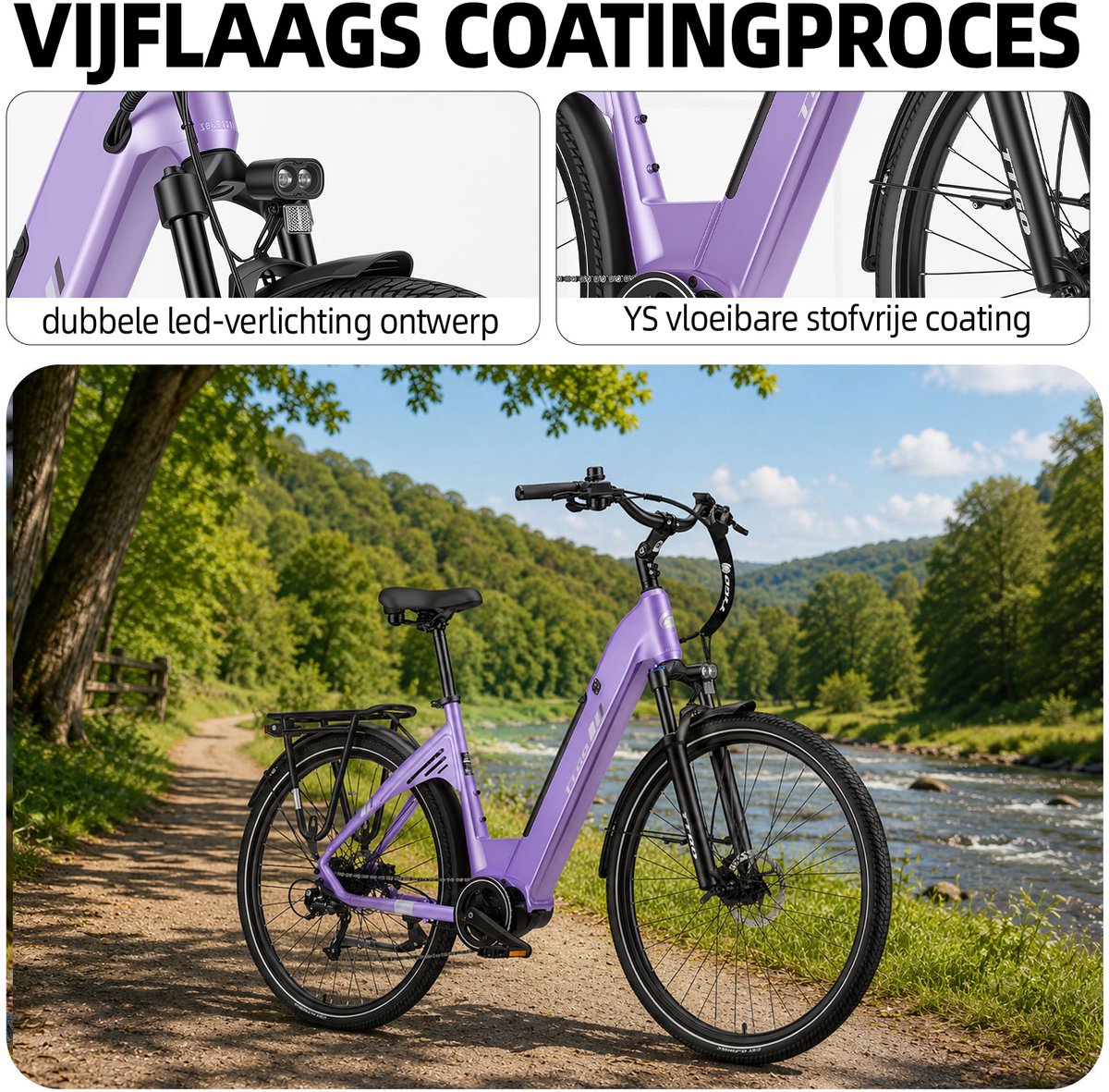 Elektrische Stadsfiets TTGO C7 SE - 28 INCH Banden - 250W Bafang Middenmotor - 36V18Ah Accu - Bereik tot 140km - Shimano 9 Versnellingen - Paars thumbnail 6
